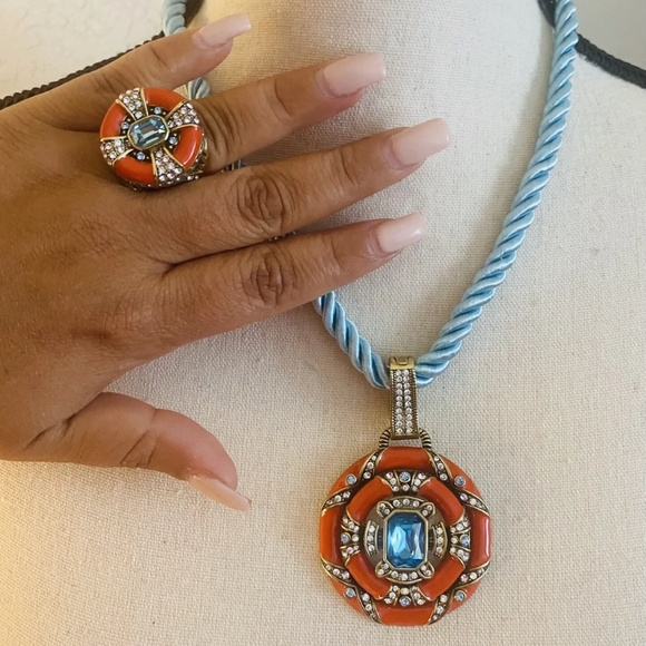 New HEIDI DAUS Newport Chic II Enamel 2 pc Set Necklace Ring 6 Coral - Picture 1 of 7